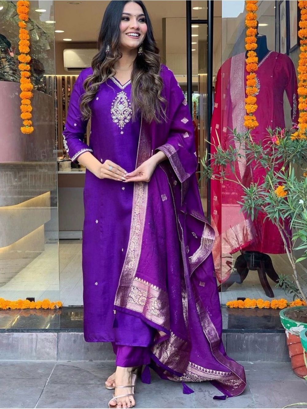 Embroidered Purple Indian Salwar Kameez Set with Gold Accents
